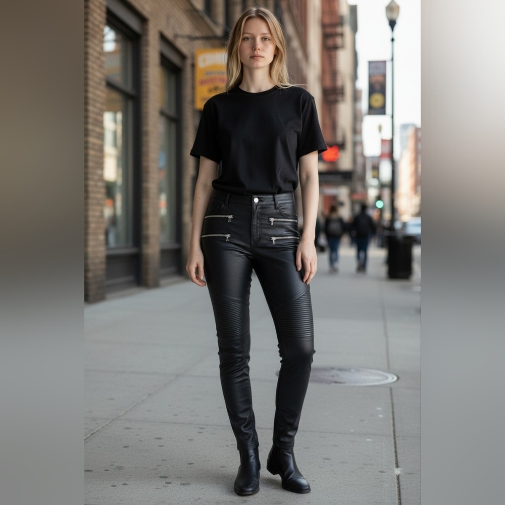 Black GENUINE Leather Moto Skinny Pants With Lining